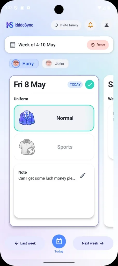 KiddoSync app showing a weekly school plan with activities, uniforms, reminders, and notes for April 2026.